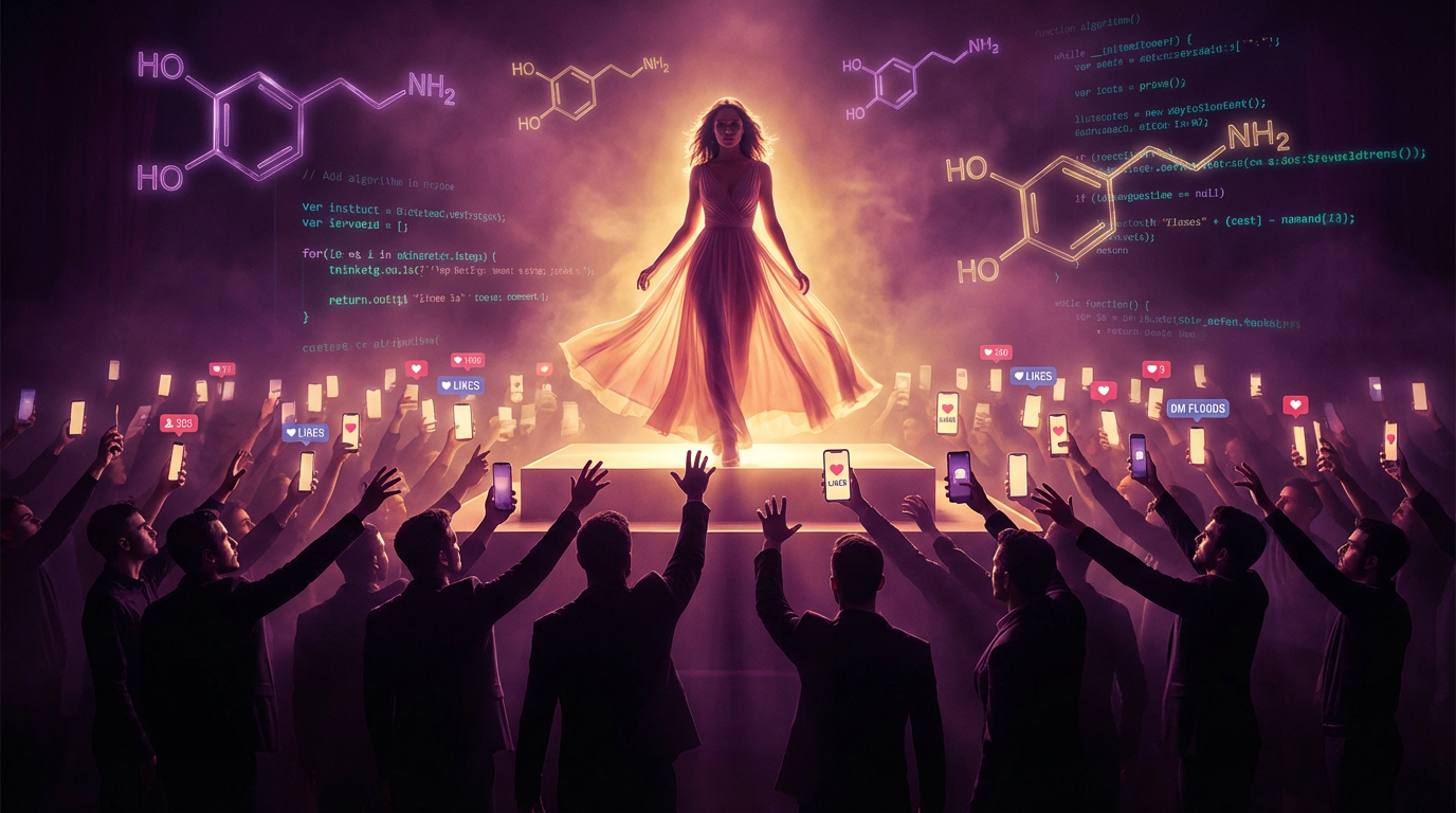 Woman on pedestal surrounded by smartphone screens and reaching male figures - visual metaphor for the attention economy in modern dating