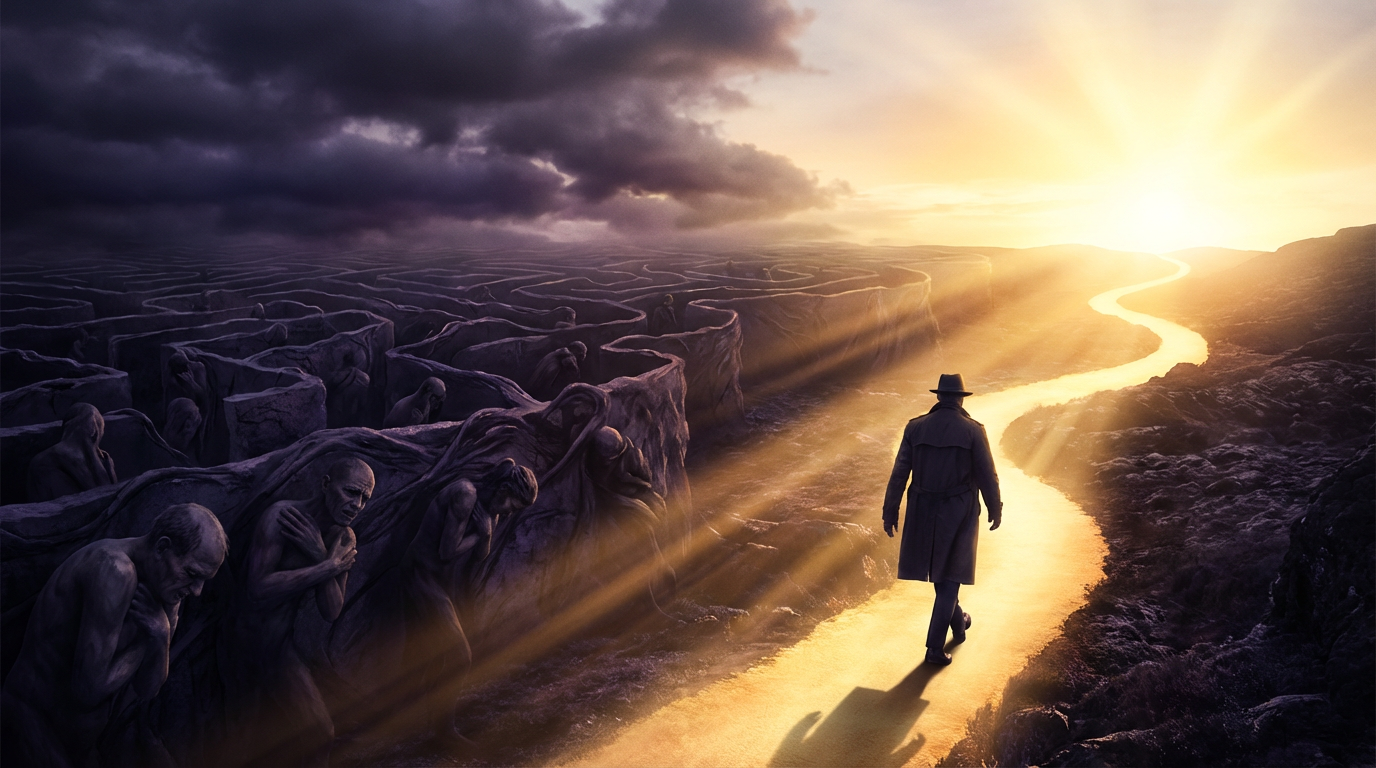 Man walking confidently on golden illuminated path toward bright horizon, leaving behind dark chaotic maze - representing strategic choice over societal expectations
