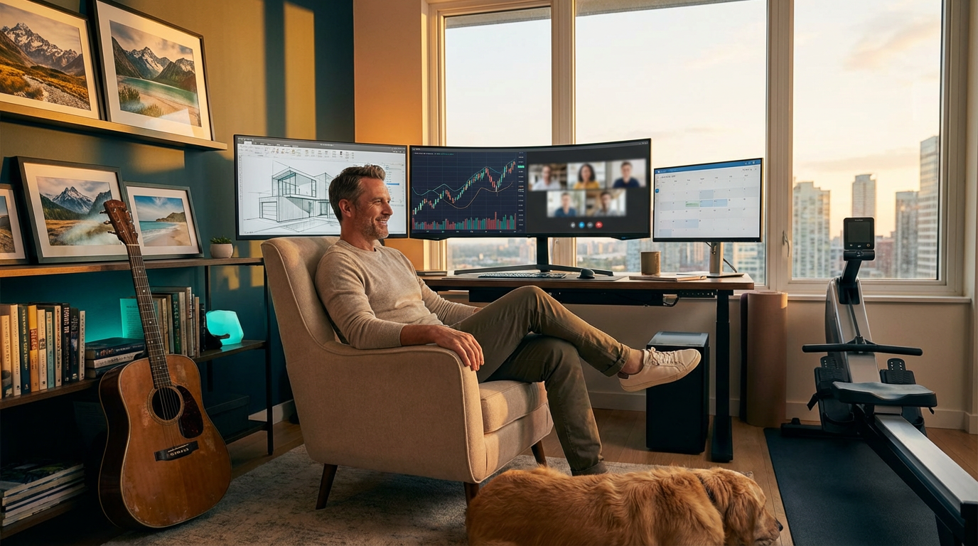 Single man in luxurious home office with investments on screens, guitar, workout equipment, and travel photos - representing time wealth and self-actualization