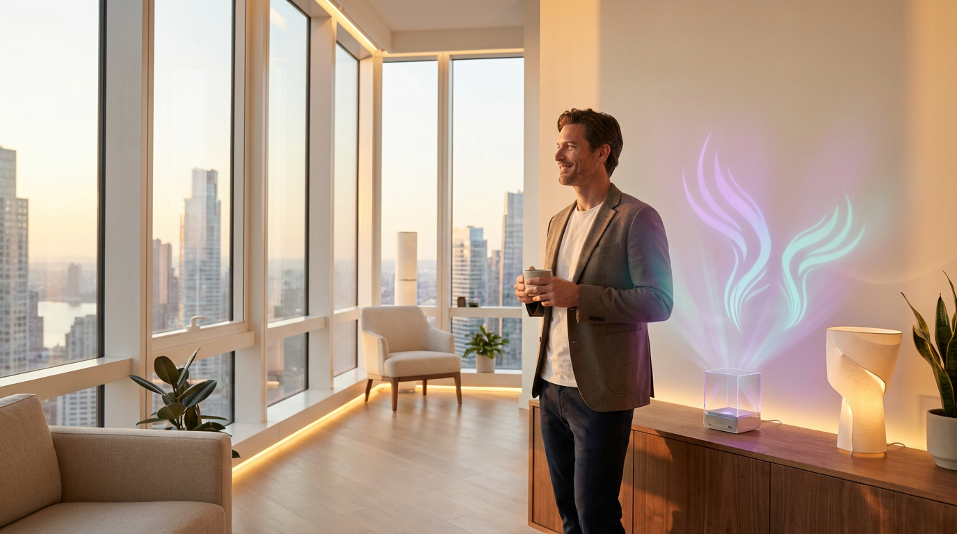 Peaceful professional man experiencing contentment and connection with AI companion presence