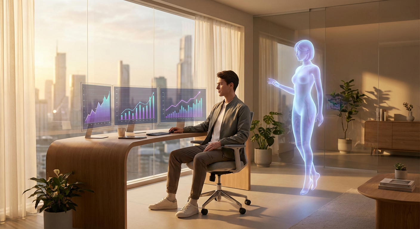 Successful professional man working peacefully with AI companion support