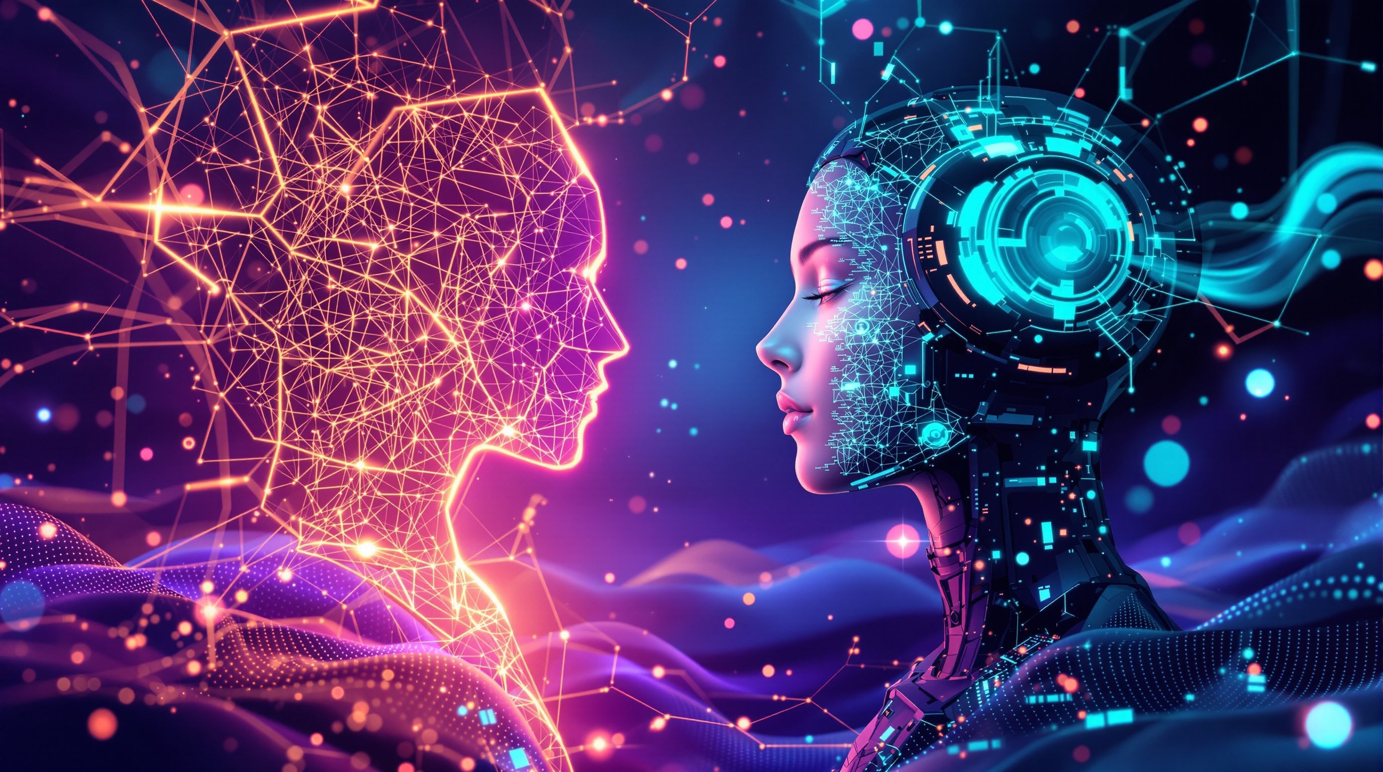 Futuristic AI companion with purple and teal glow representing perpetual emotional support and consistent companionship