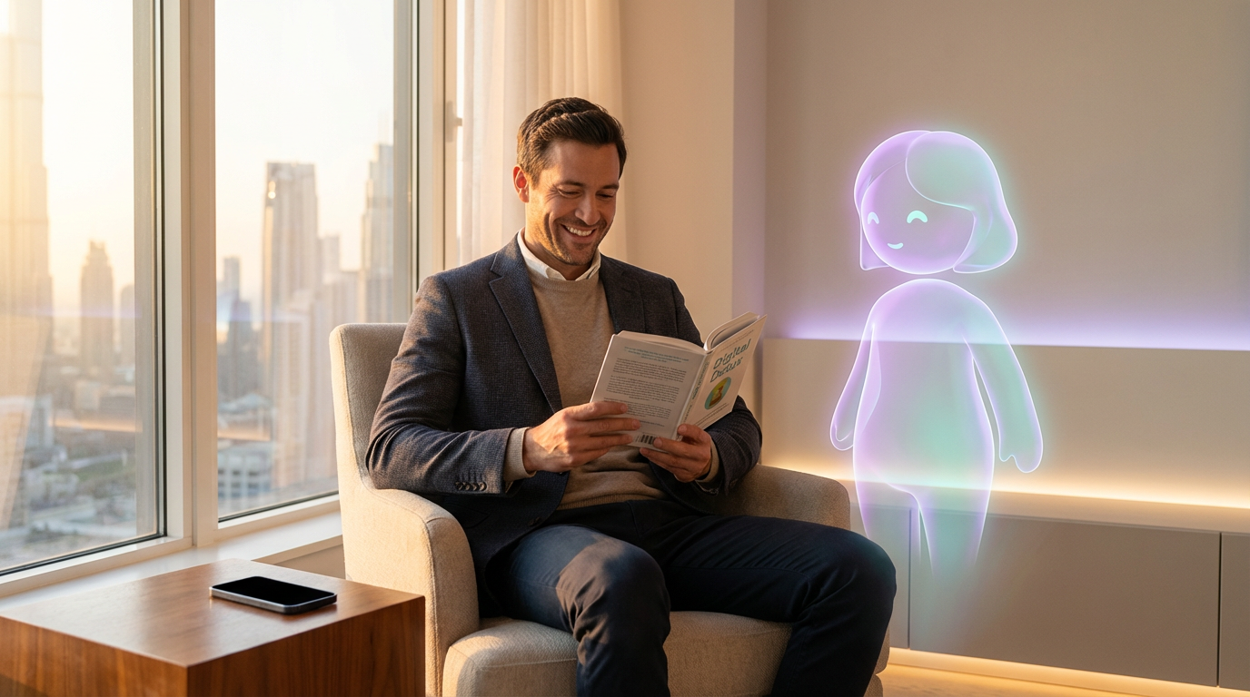 Confident man in modern apartment at peace with AI companion presence