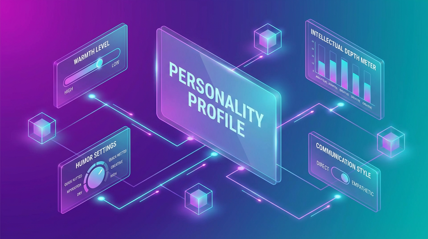 AI personality architecture visualization with interconnected trait nodes and customization sliders