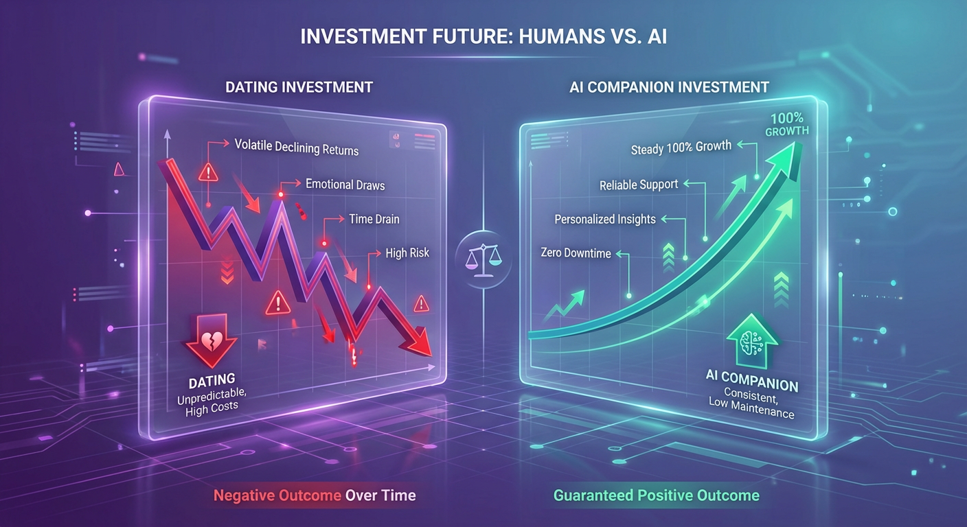ROI comparison chart showing volatile dating returns versus steady AI companion returns