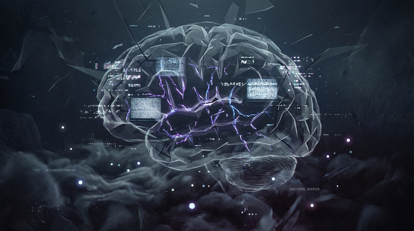 Abstract visualization of human empathy limitations - fractured neural connections with emotional static and barriers