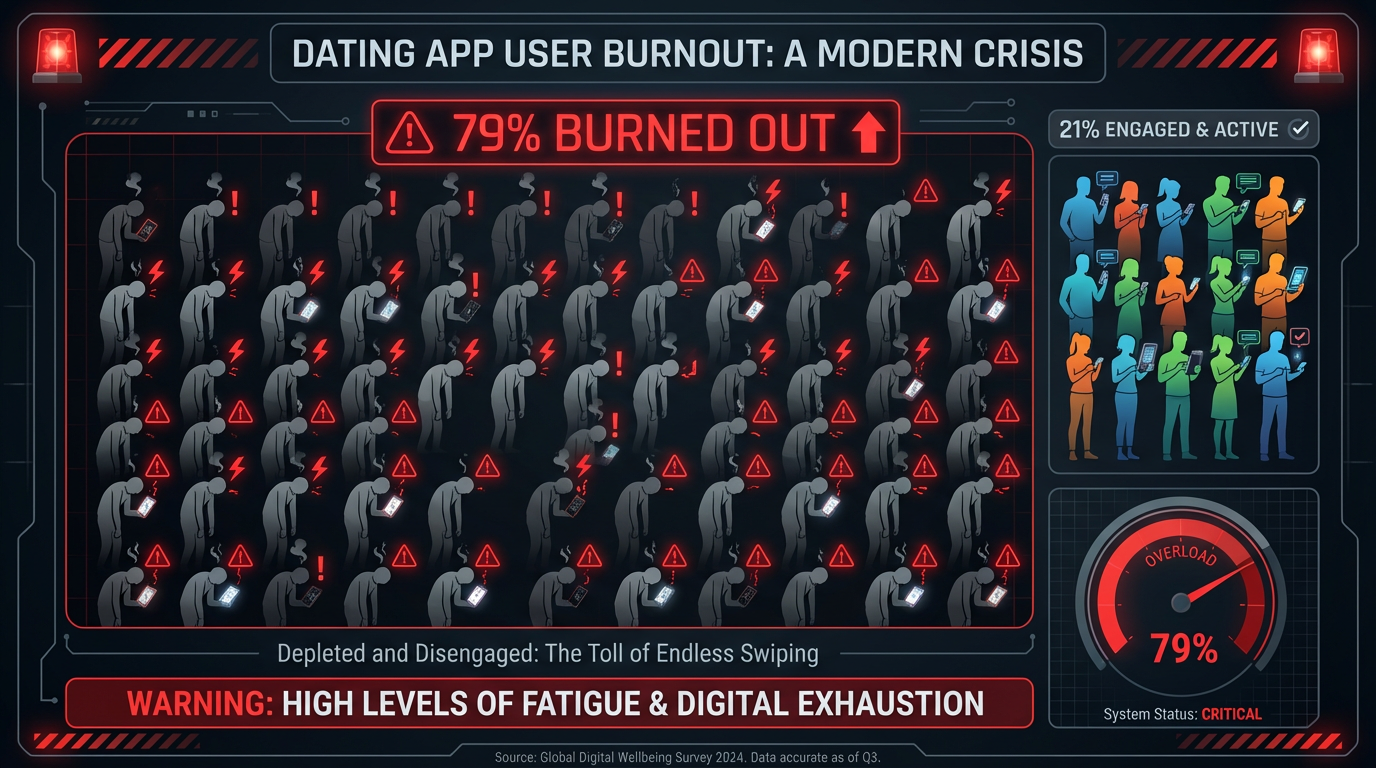 Infographic showing 79 out of 100 silhouettes depleted - visualization of dating app burnout epidemic