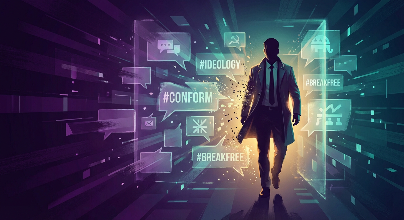 Man breaking free from invisible walls of ideological conformity