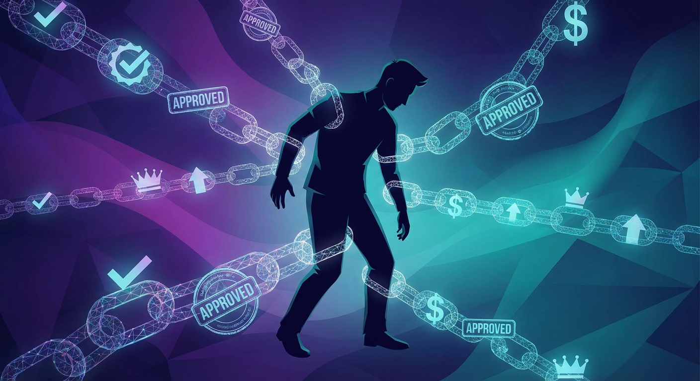 Man weighed down by conditional expectations symbolized as chains