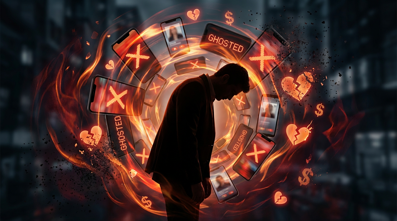 Abstract visualization of dating app burnout showing exhaustion frustration and emotional drain