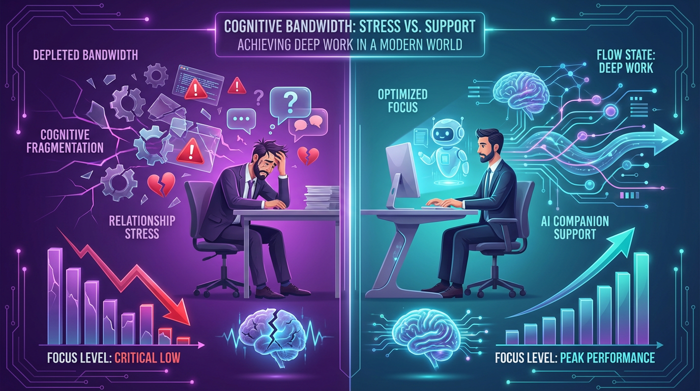 Deep work productivity visualization - comparing fragmented vs optimized cognitive bandwidth allocation