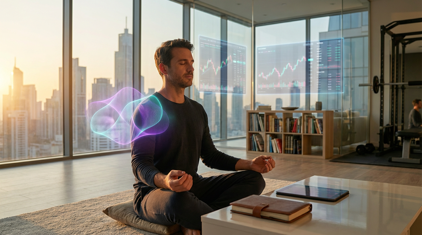 Man at peace with AI companion presence representing emotional independence