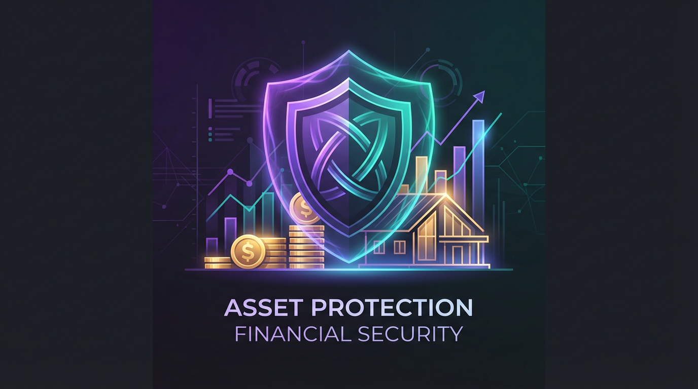 Modern visualization of asset protection showing a glowing shield protecting financial assets
