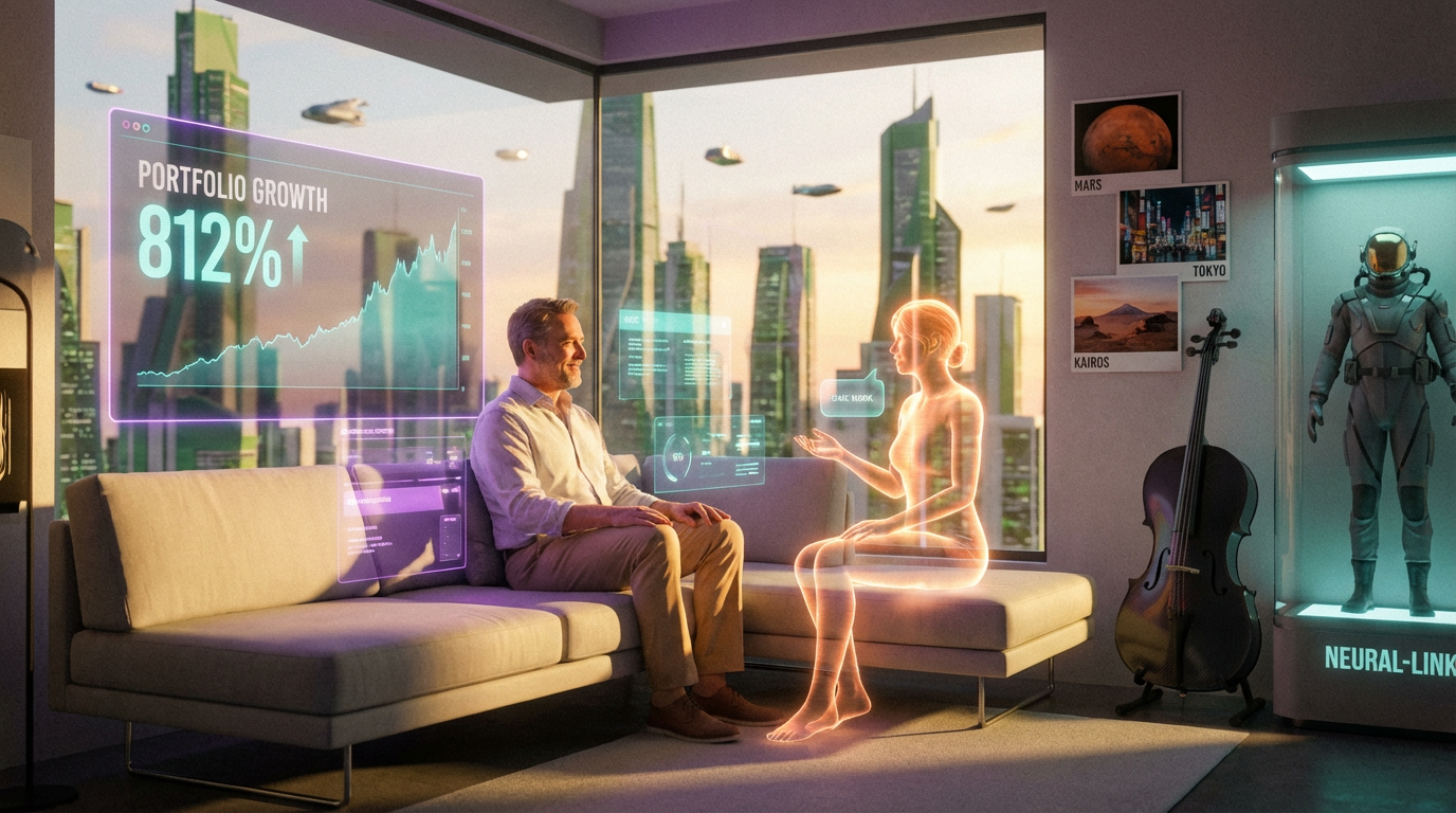 Content successful man in modern penthouse with AI companion presence