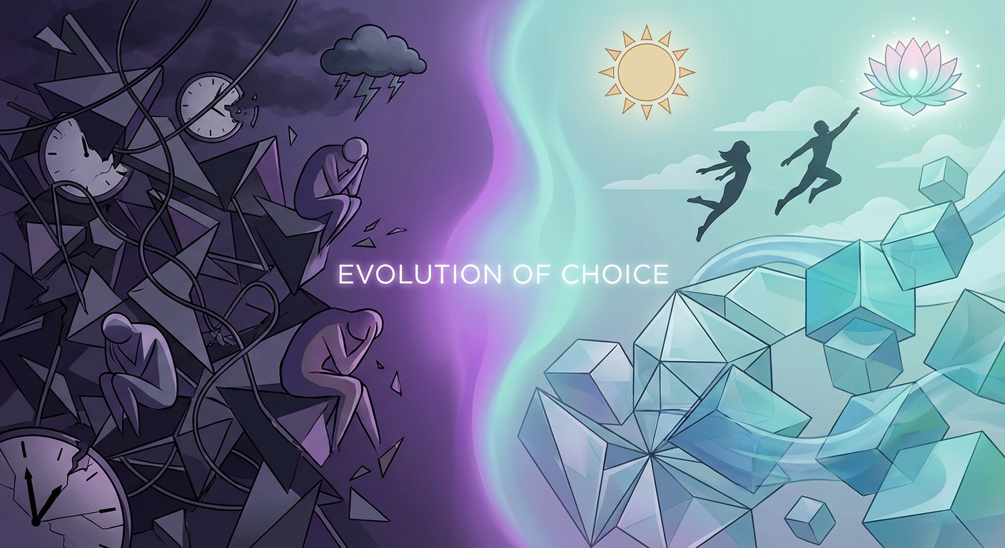 Creative split composition showing transformation from stress and chaos to peaceful clarity and freedom