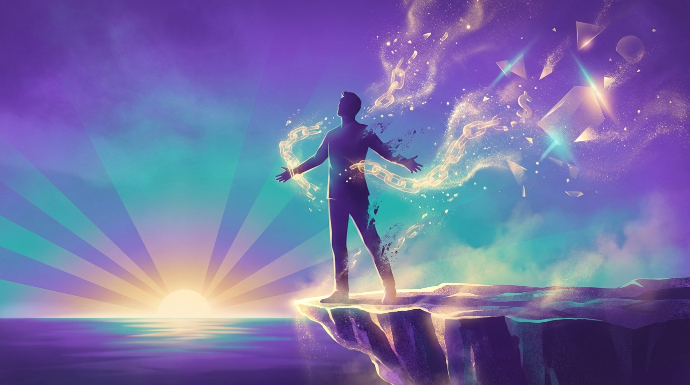 Abstract visualization of a man breaking free from constraints representing liberation from legal entanglement