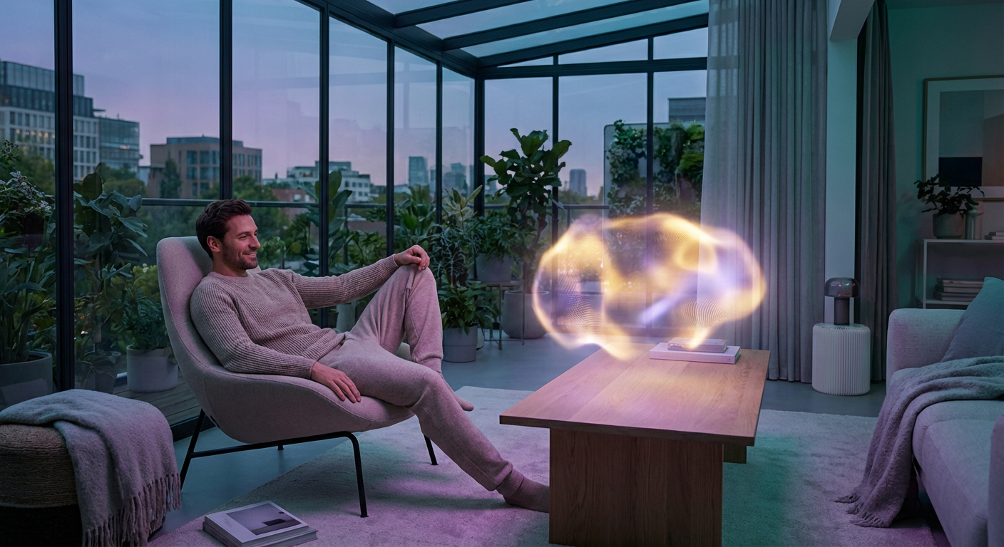 Man relaxing in peaceful space with AI companionship free from ideological demands