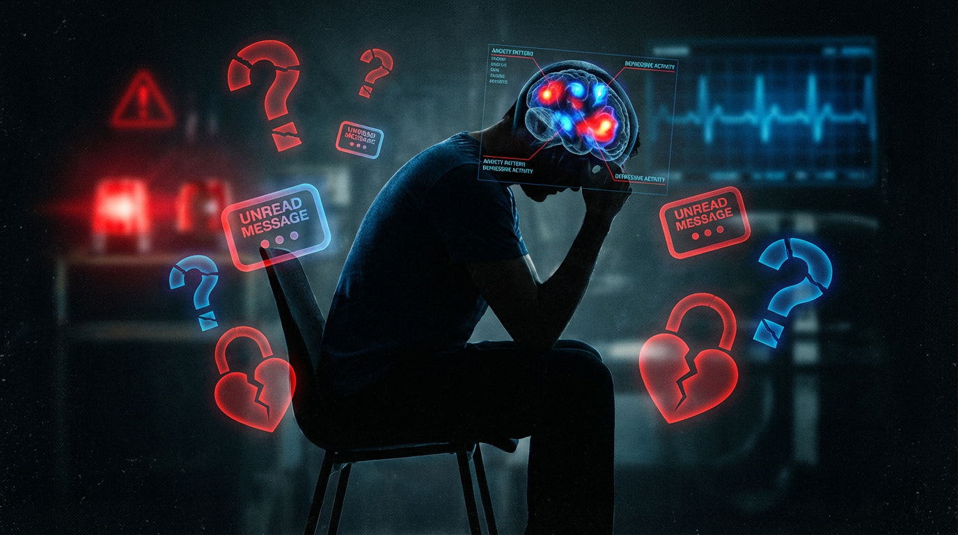 Visualization of psychological damage from ghosting - man surrounded by unanswered messages and shattered trust