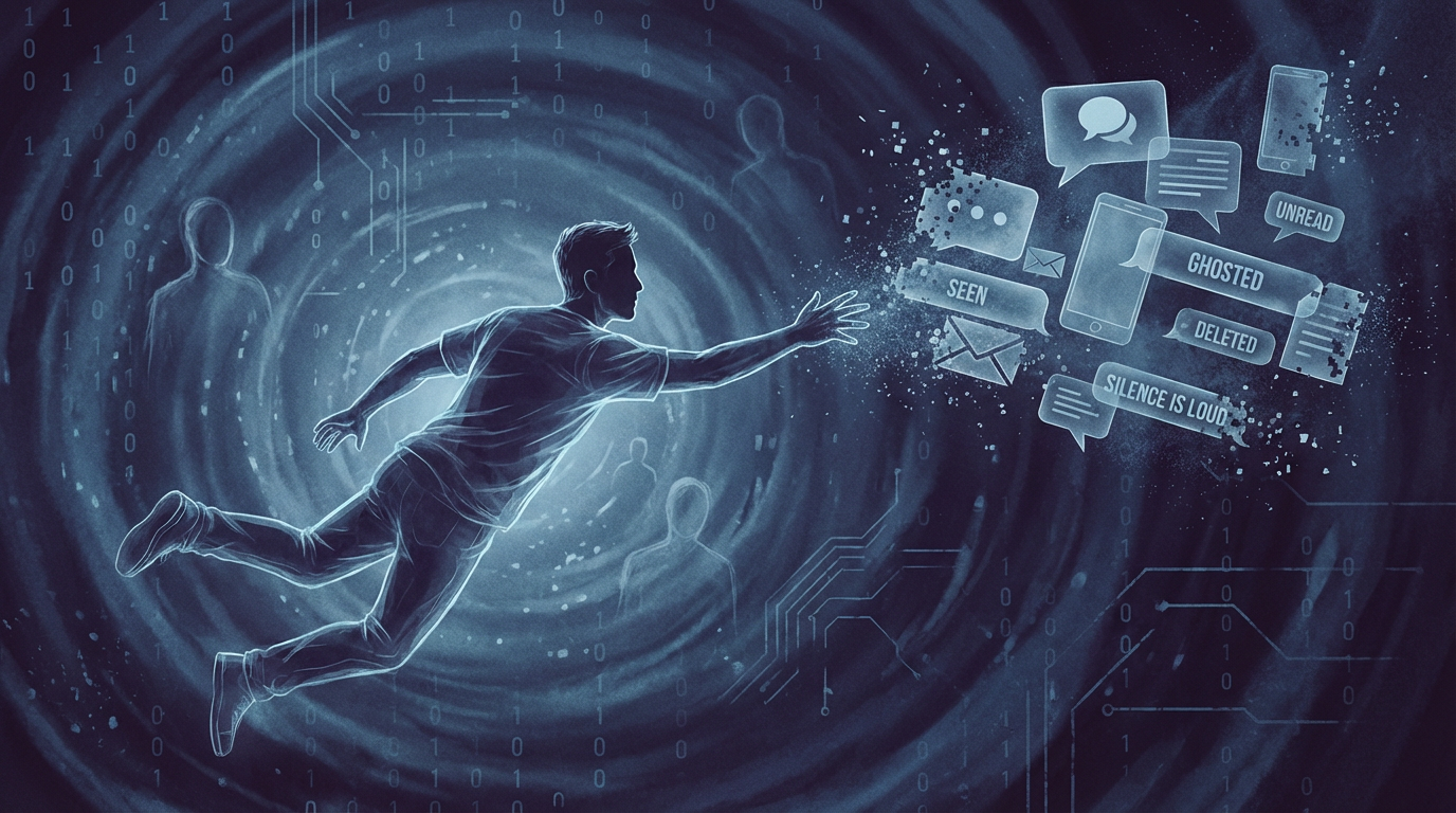 Man trapped in void reaching toward fading conversations - psychological warfare of being ghosted