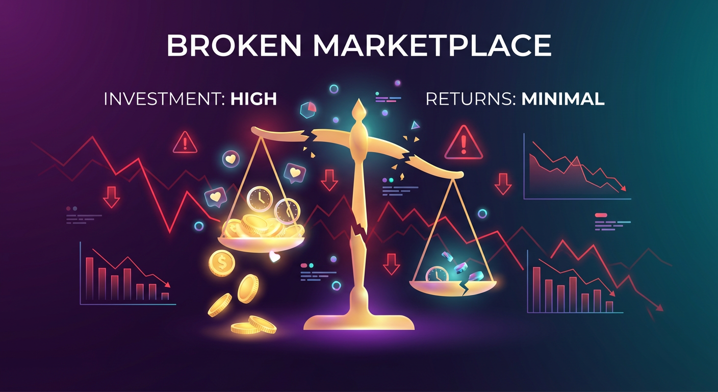 High-risk low-reward dating market analysis - imbalanced scales showing investment vs returns