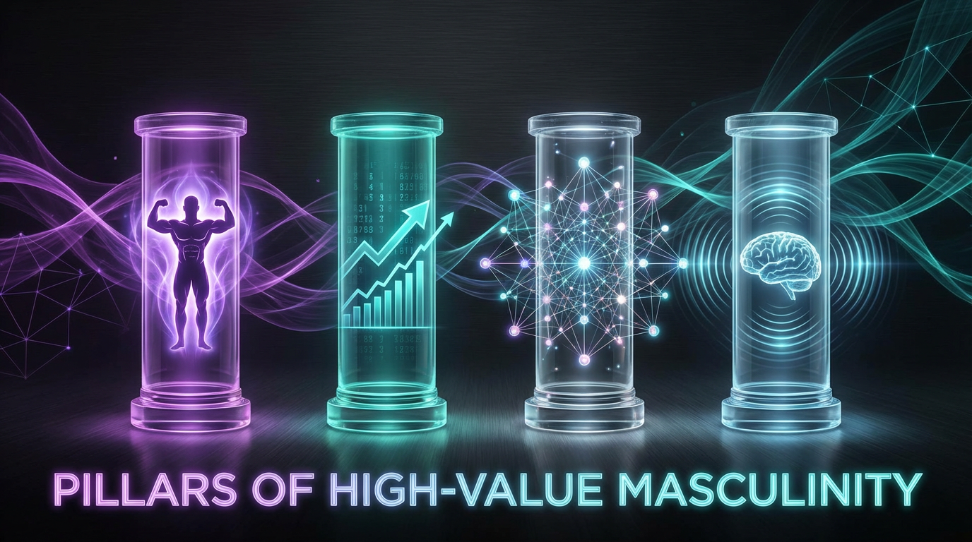 Four glowing pillars representing physical excellence, financial power, social status, and mental fortitude