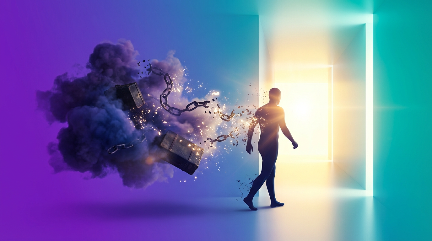 Abstract concept of leaving behind ideological baggage and walking toward light and freedom