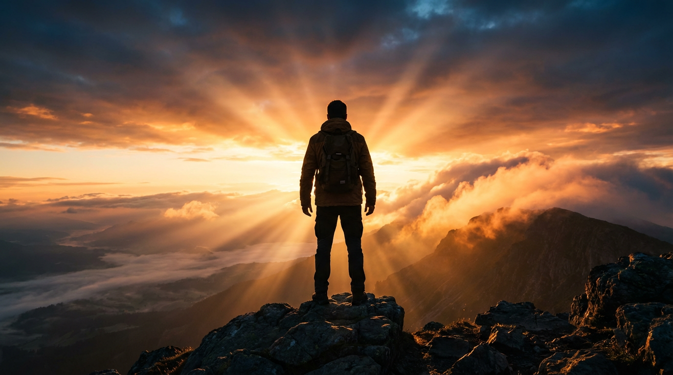 Powerful silhouette of a man at sunrise on mountain peak, embodying ultimate freedom and independence