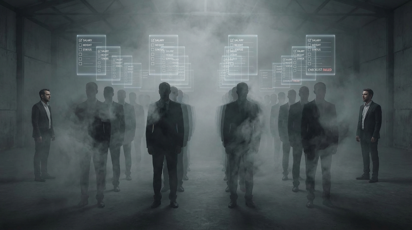 Rows of quality men fading into invisibility while not meeting arbitrary checklist requirements