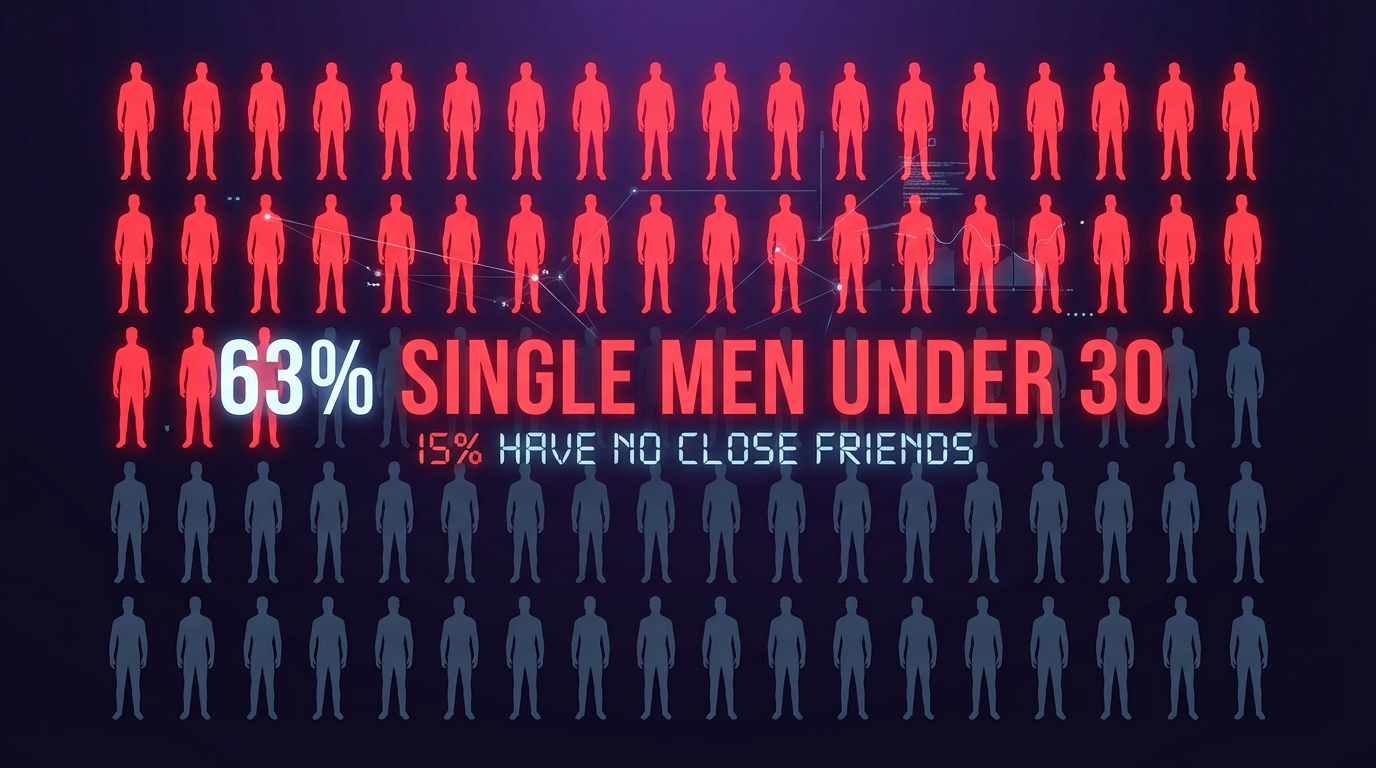Infographic showing male loneliness epidemic statistics - 63% single men under 30, 15% with no friends