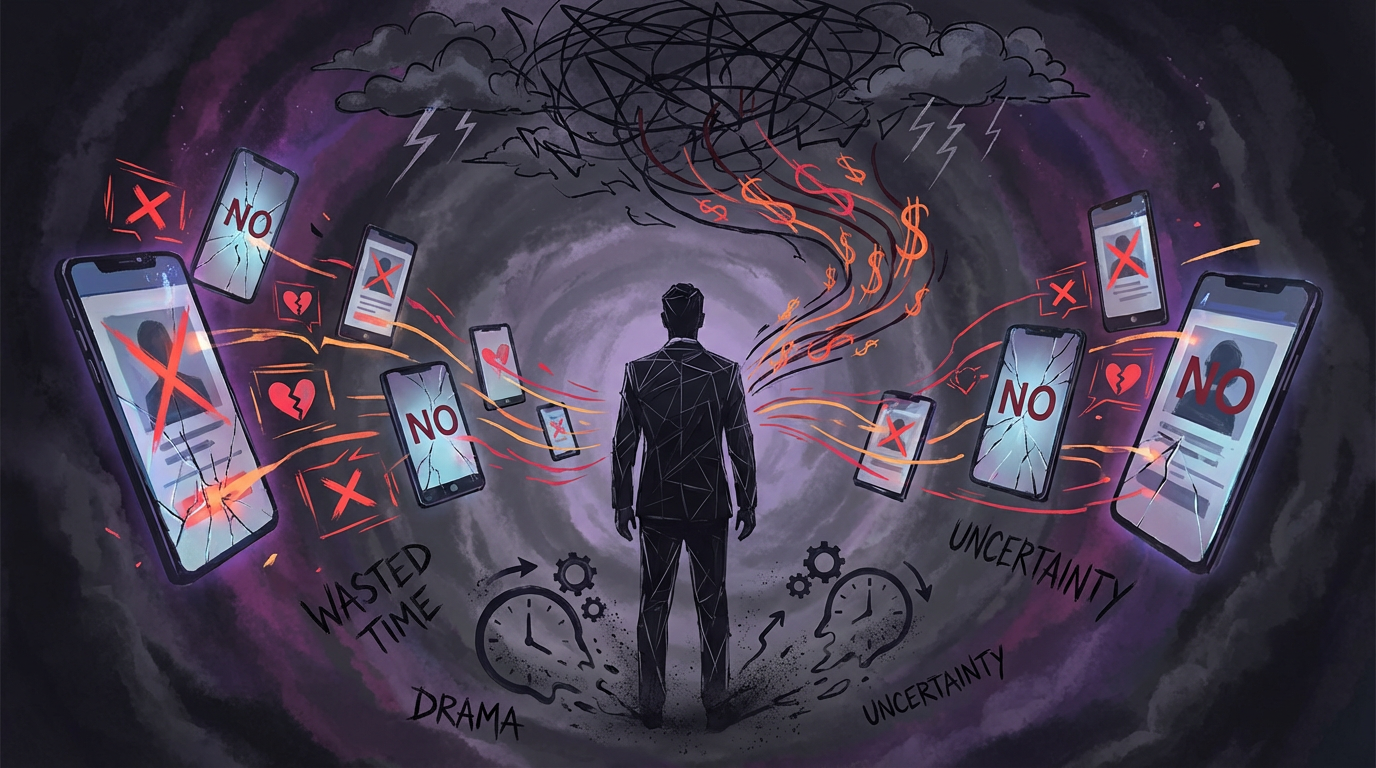 Abstract visualization of modern dating chaos with rejection symbols and drained resources