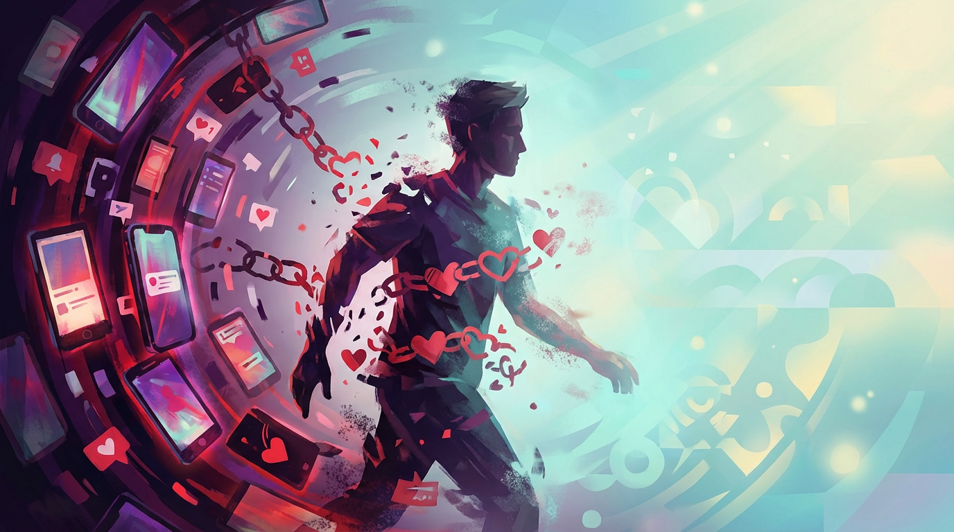 Conceptual art of man breaking free from dating app dopamine addiction - chains of hearts and notifications dissolving