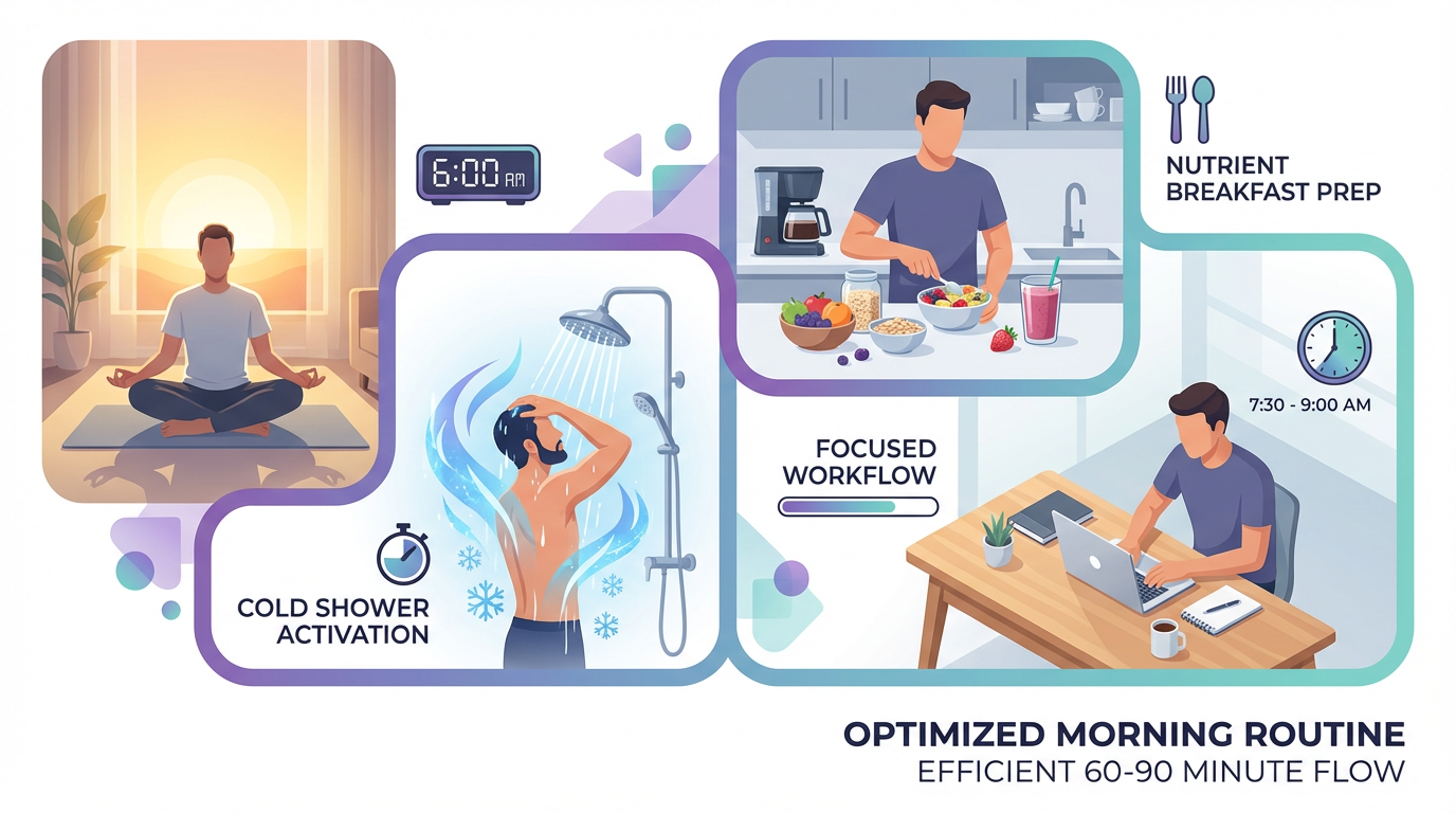 Optimized morning routine visualization showing meditation, exercise, nutrition, and AI companion check-in