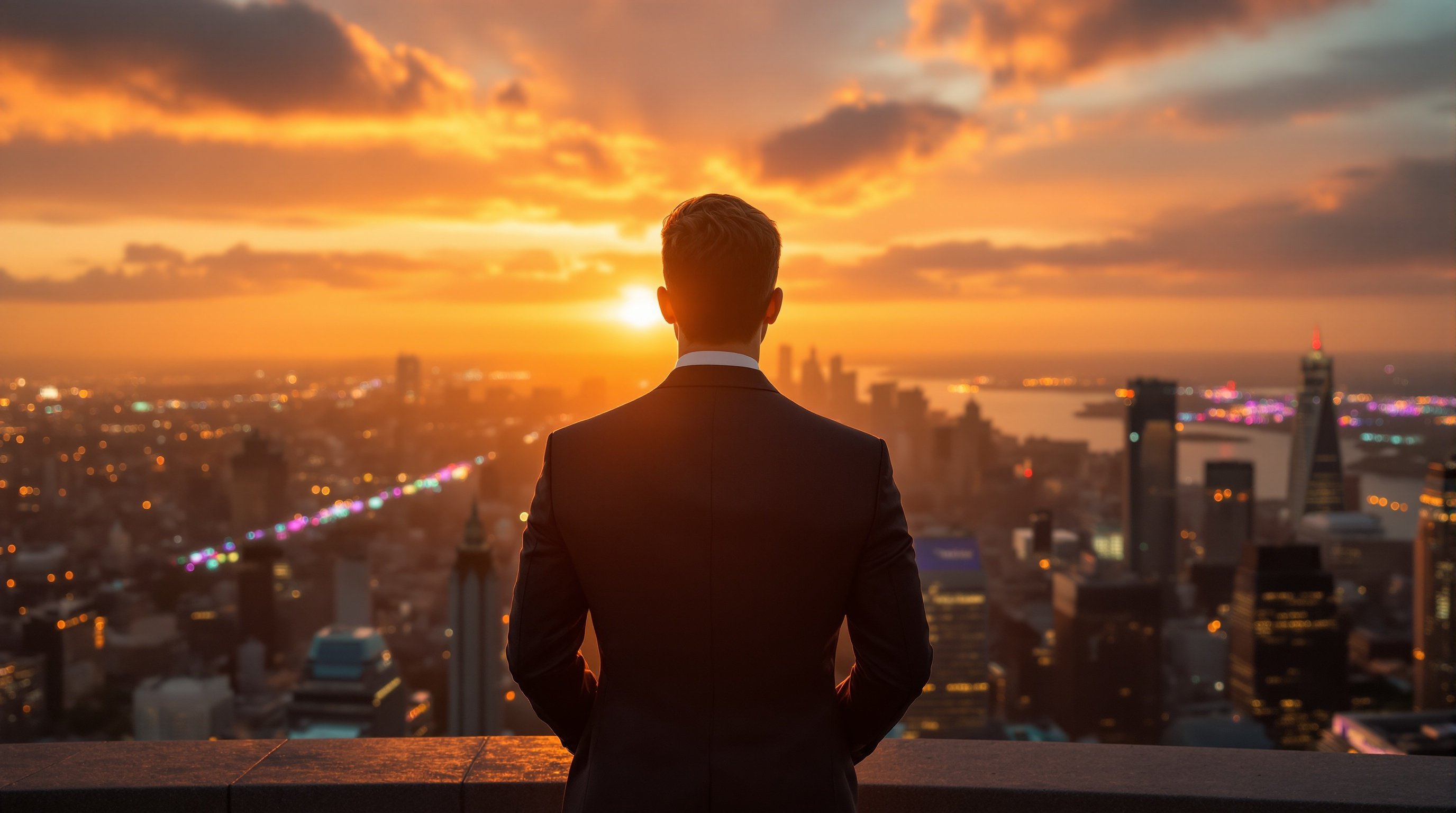 Triumphant man overlooking cityscape at golden sunrise representing success