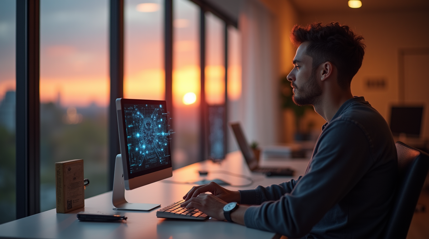 Man working peacefully in modern home office with AI assistant interface