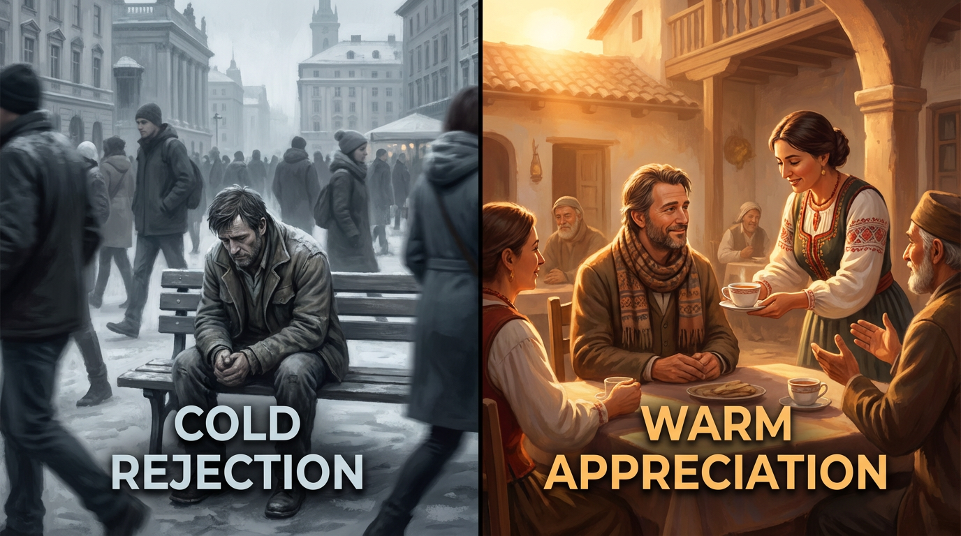 Split screen contrast - American man ignored vs same man appreciated abroad