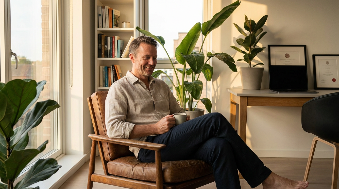 Peaceful professional man in modern home genuinely content after opting out of dating