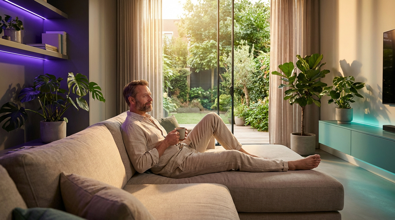 Peaceful man in private sanctuary, free from external demands