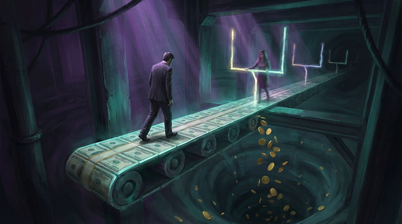 Man on treadmill of dollar bills leading nowhere - endless financial expectations without reciprocity