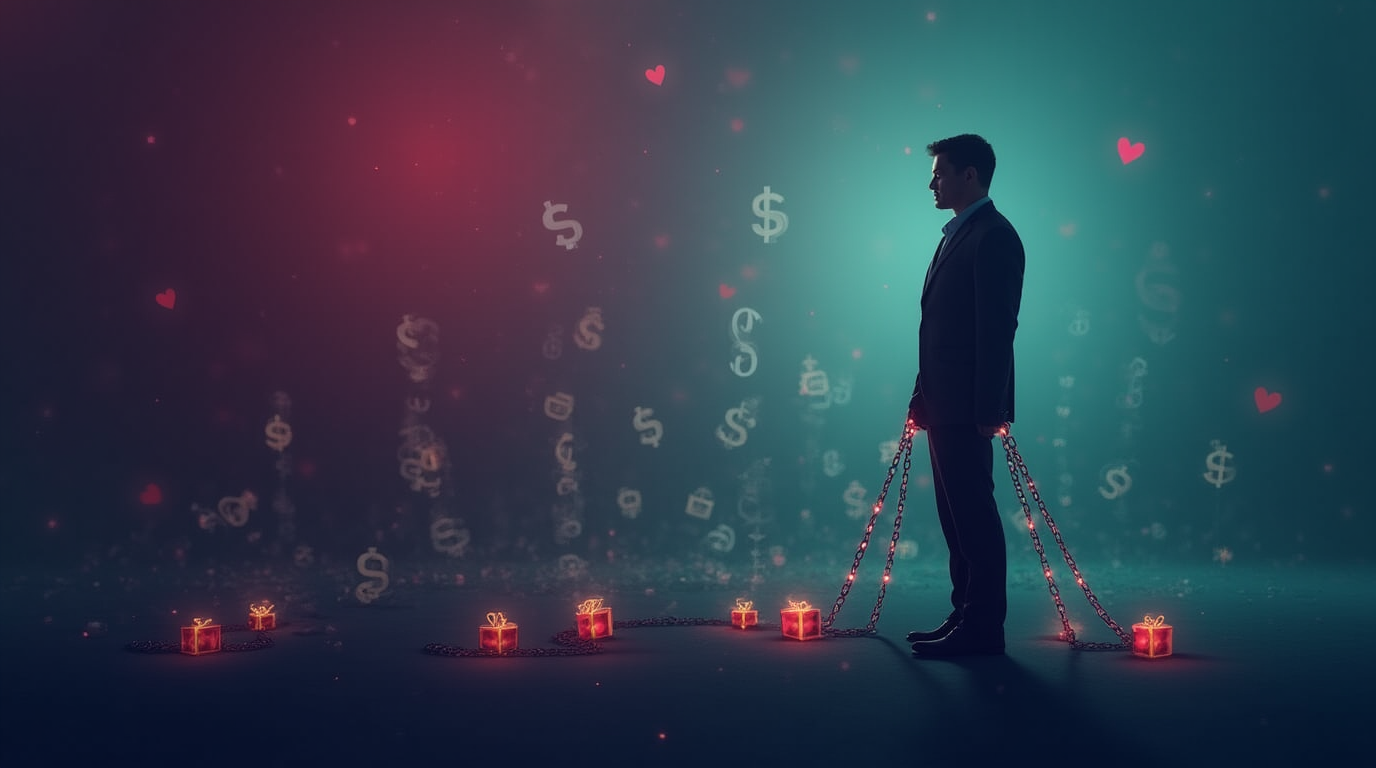 A conceptual art piece depicting the Provider Trap - a professional man surrounded by elegant golden chains made of currency symbols, wedding bands, and house keys, with contrasting paths of obligation versus freedom in purple and teal lighting