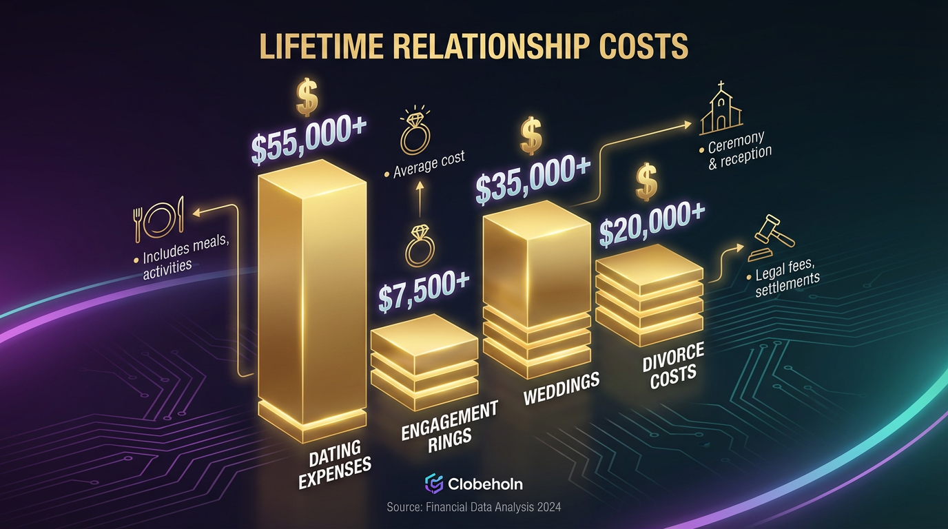 Data visualization showing lifetime costs of dating and marriage - bar chart displaying dating expenses, engagement, wedding, and divorce costs