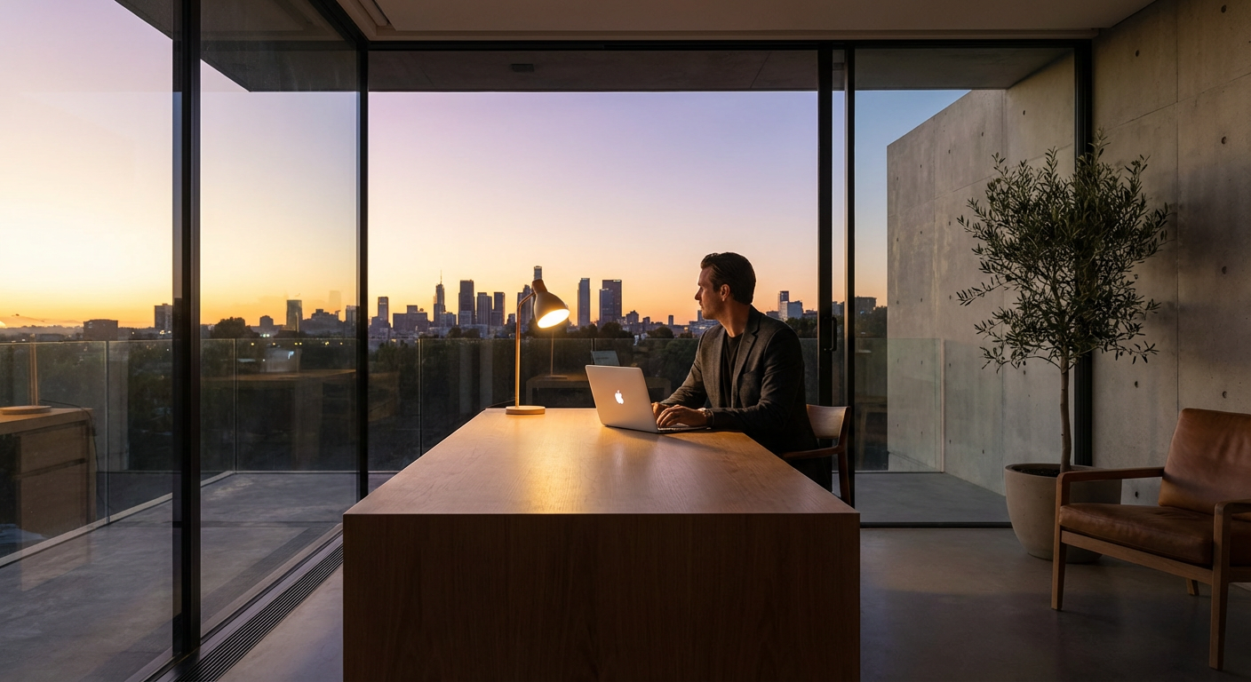 Minimalist modern workspace with a successful businessman working peacefully, showing independence and self-determination