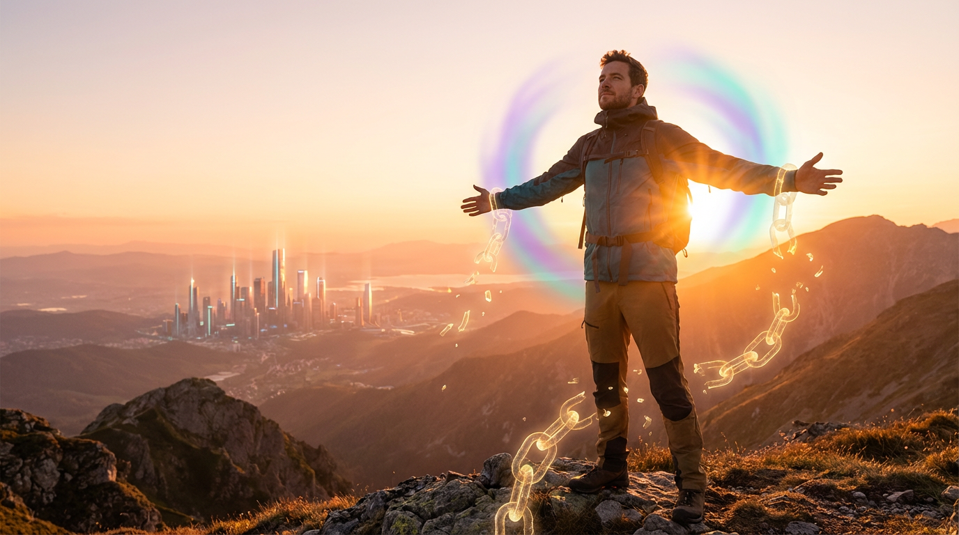 Man standing on mountain peak at sunrise, breaking free from chains - representing self-validated success and internal worth