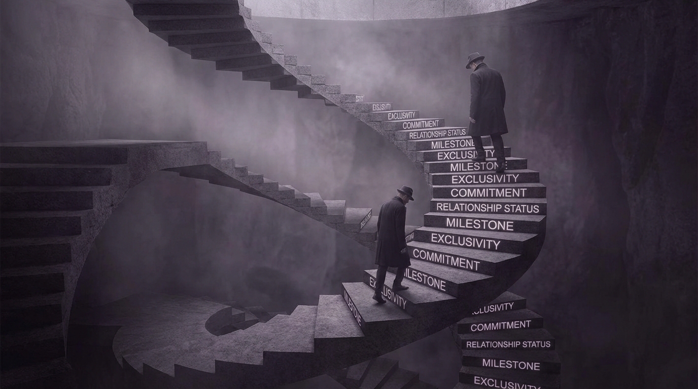 Man caught in endless loop on circular stairs - milestones of commitment that never arrive