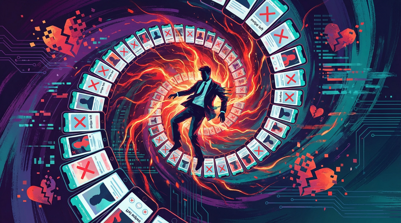 Abstract visualization of swipe fatigue spiral with dating app elements