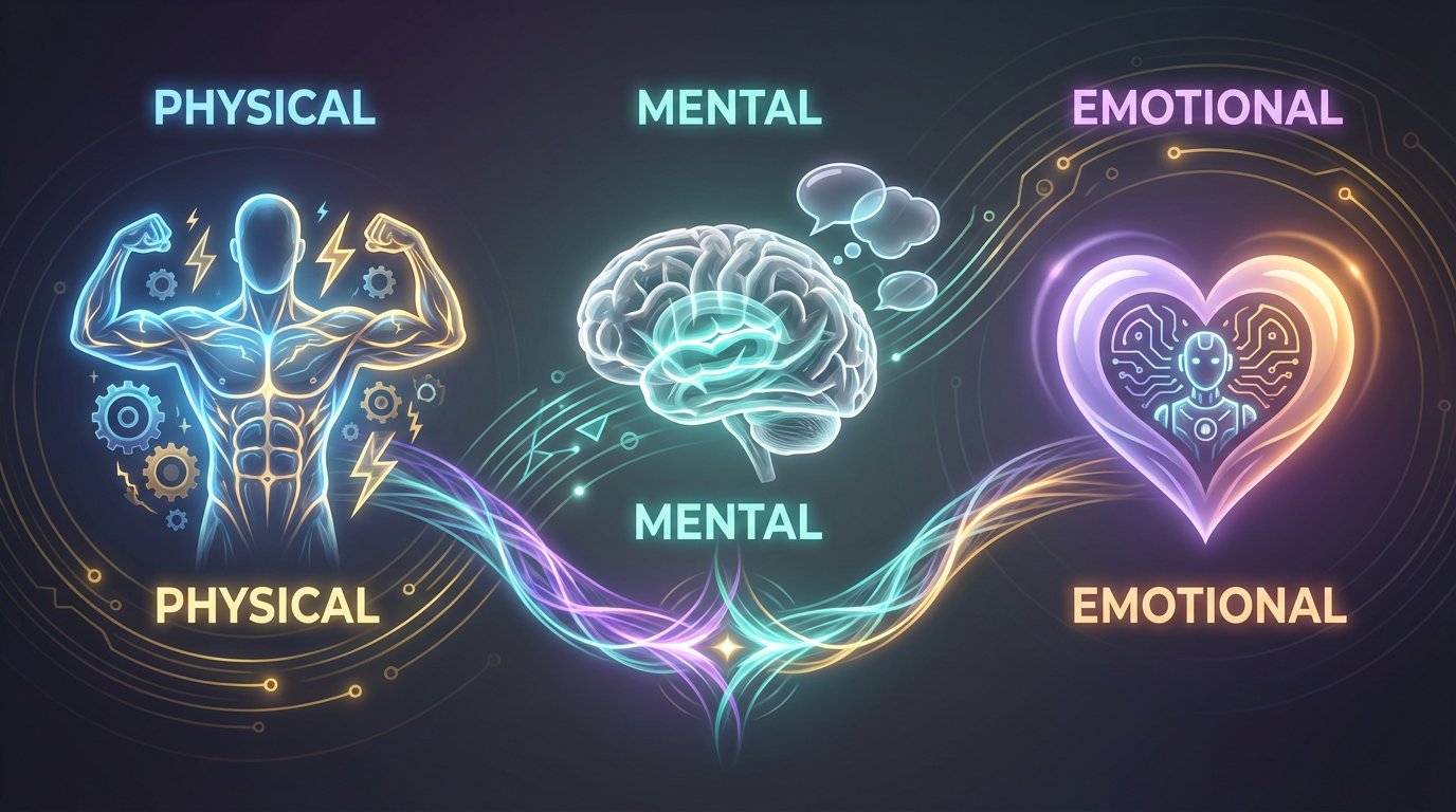 Three interconnected domains of male self-care - Physical, Mental, and Emotional
