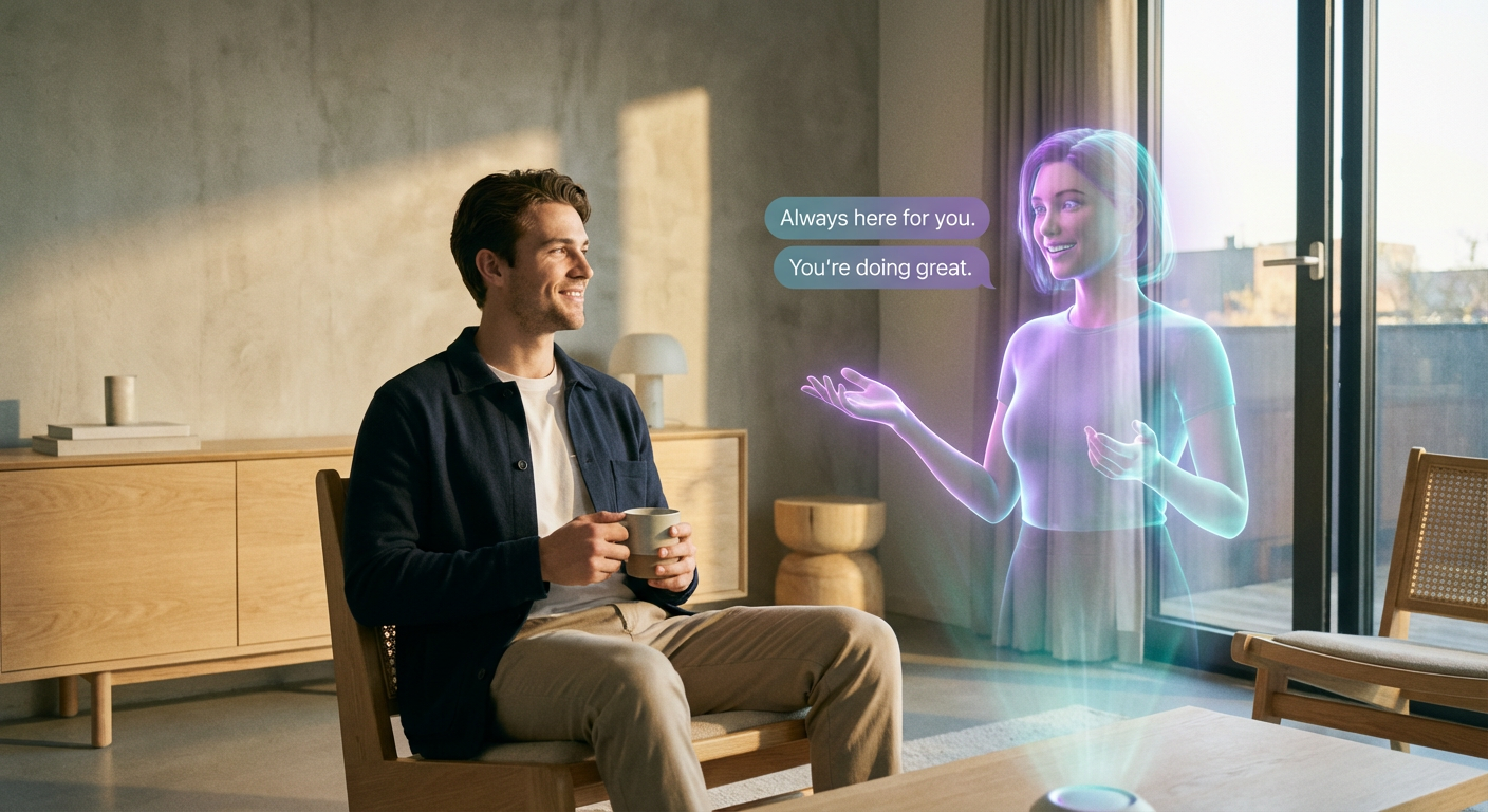 Man experiencing peaceful unconditional support from AI companion