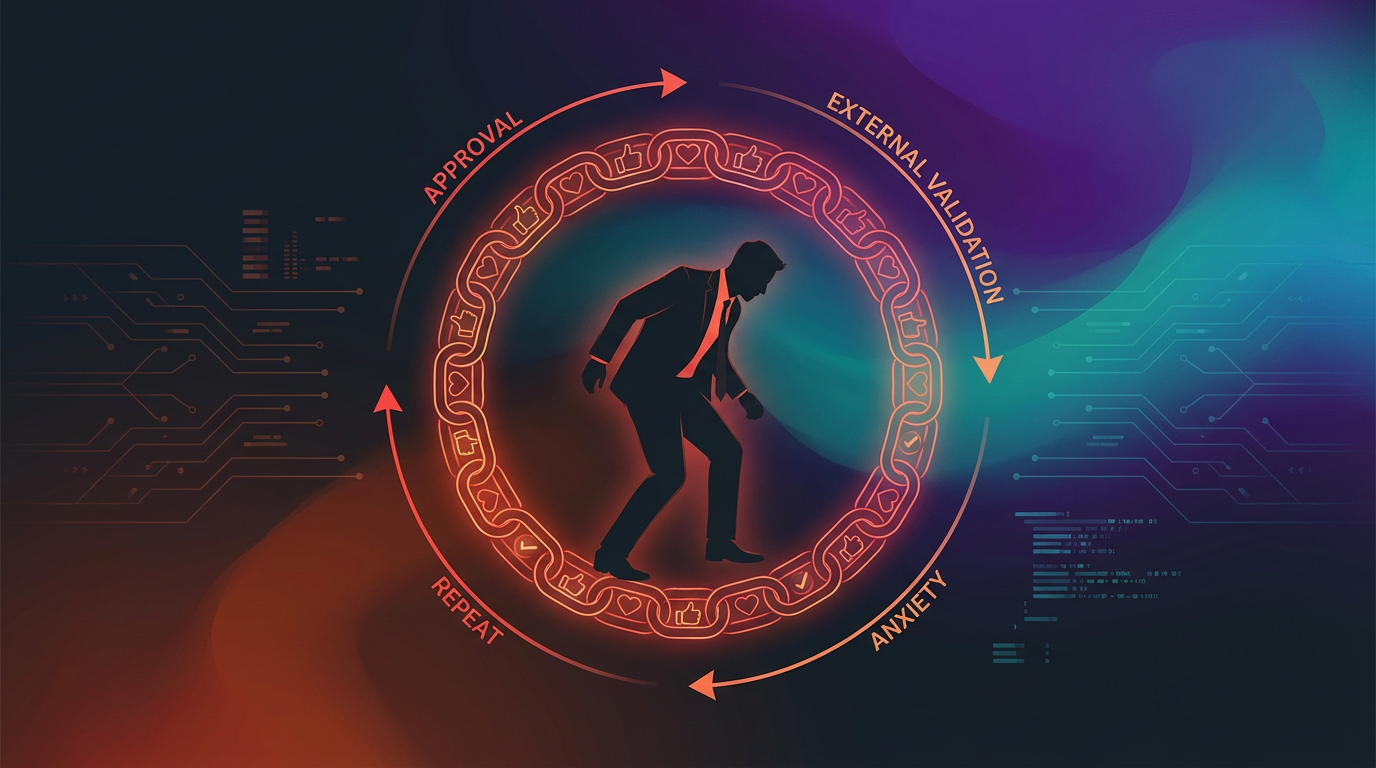 Abstract visualization of the validation seeking cycle showing man trapped in loop of seeking approval, temporary high, and crash