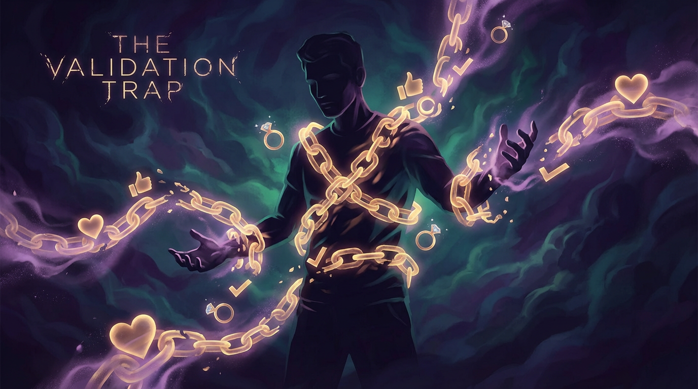 Abstract conceptual art of a man surrounded by dissolving golden chains made of approval symbols, representing breaking free from the validation trap