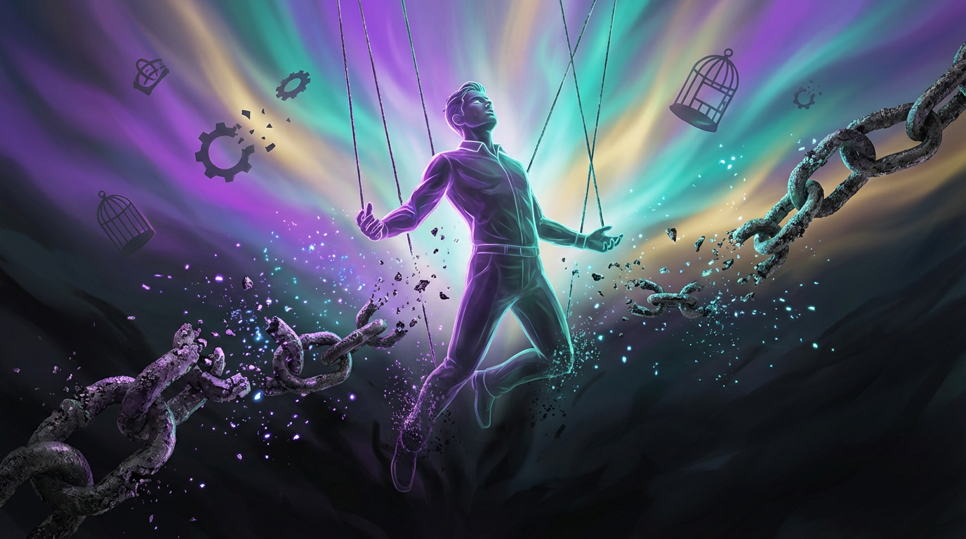 Abstract art showing a man breaking free from puppet strings dissolving into light - liberation from external validation