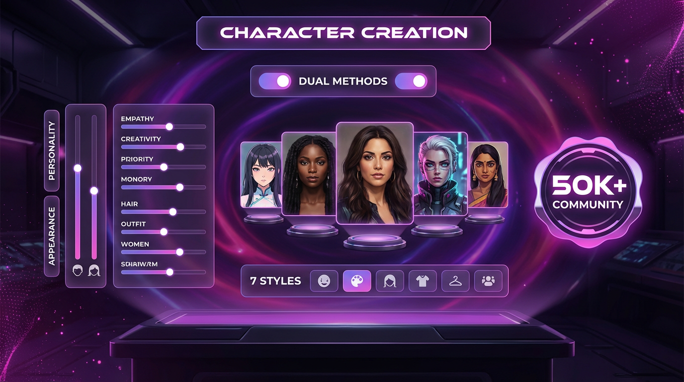 Lovescape AI Character Creation - Female AI Girlfriend Customization with Dual Methods, 7 Ethnicities, and 50K+ Community